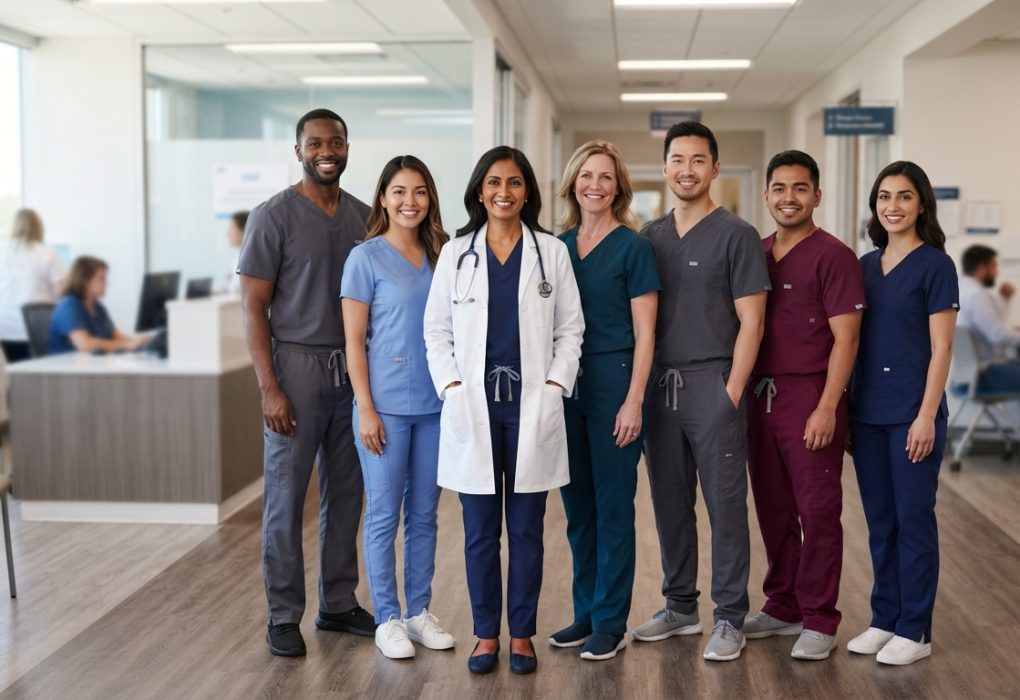 Coordinated medical office staff wearing professional healthcare uniforms