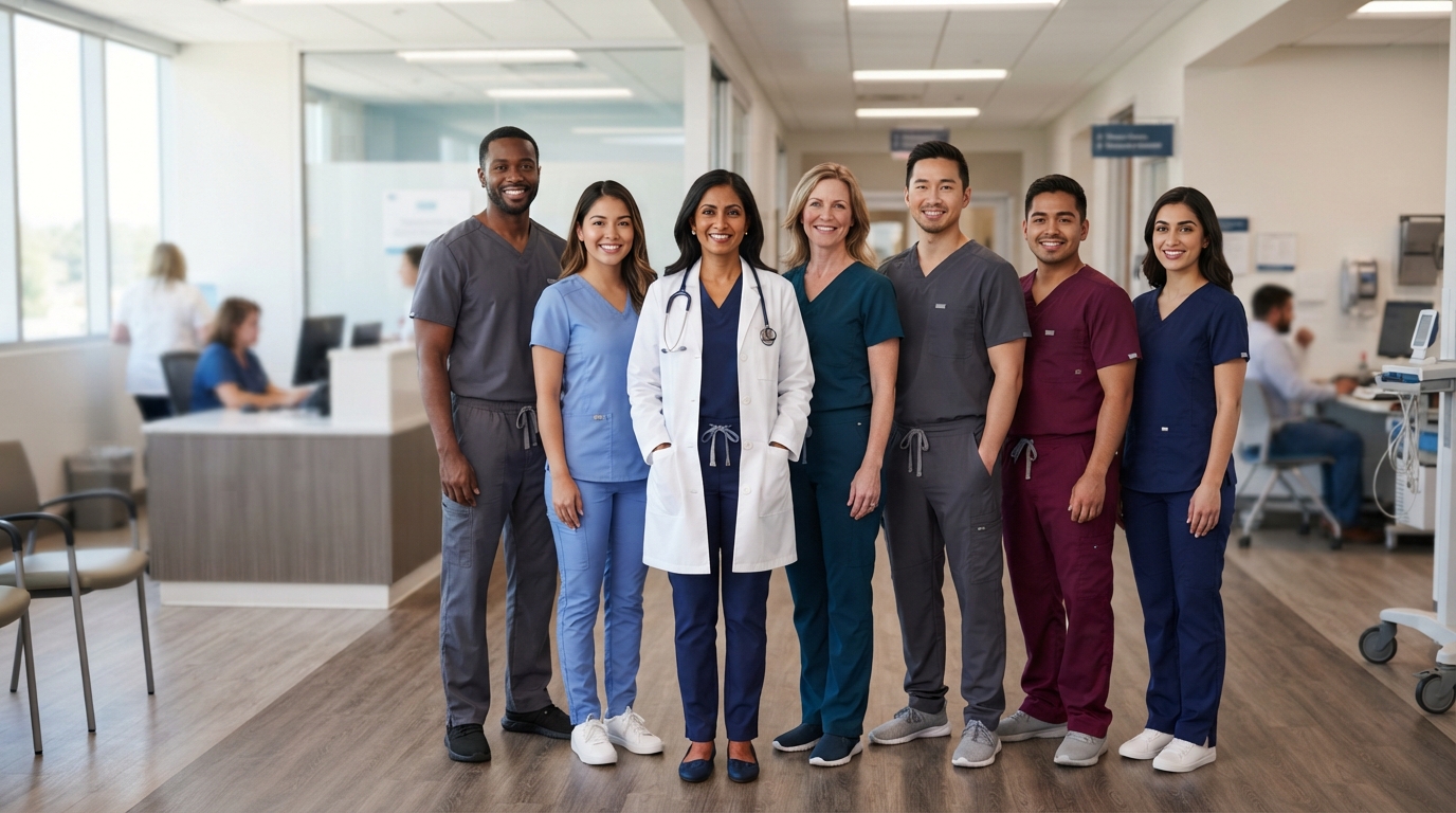 Coordinated medical office staff wearing professional healthcare uniforms