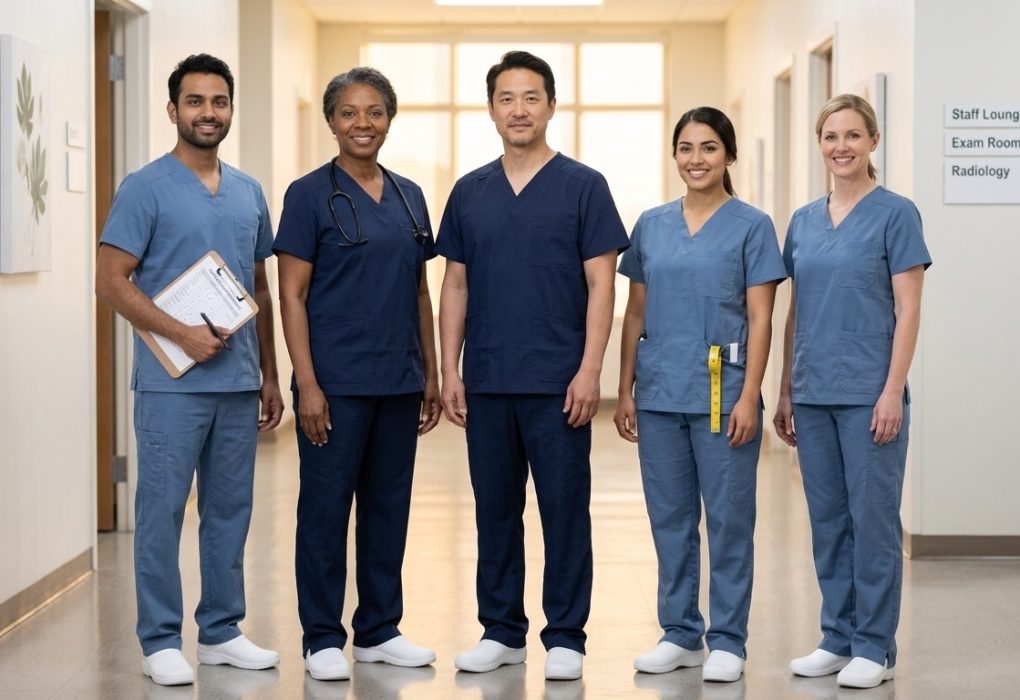 Healthcare team wearing coordinated medical scrub uniforms in a clinic