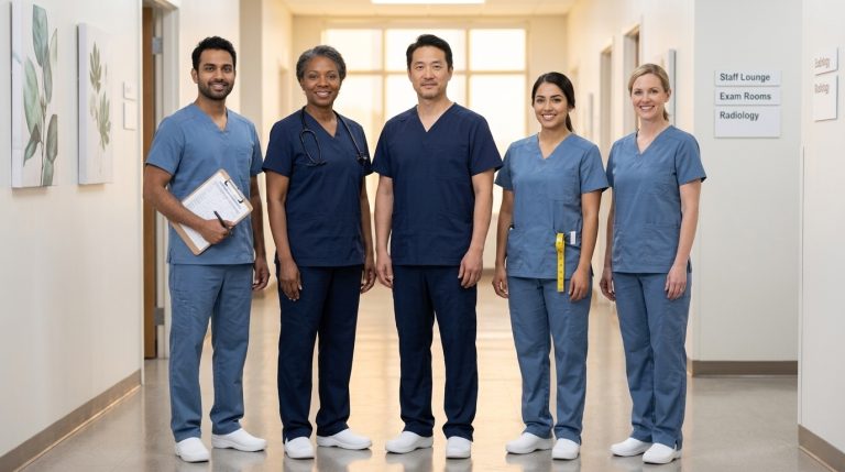Healthcare team wearing coordinated medical scrub uniforms in a clinic