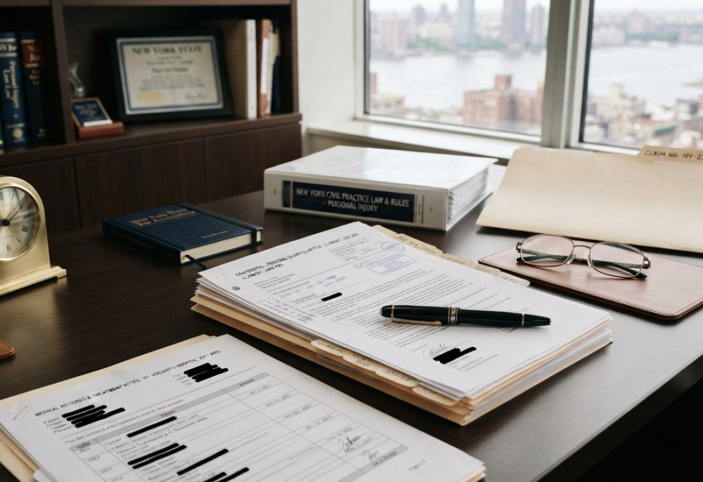 New York personal injury claim documents on a legal desk