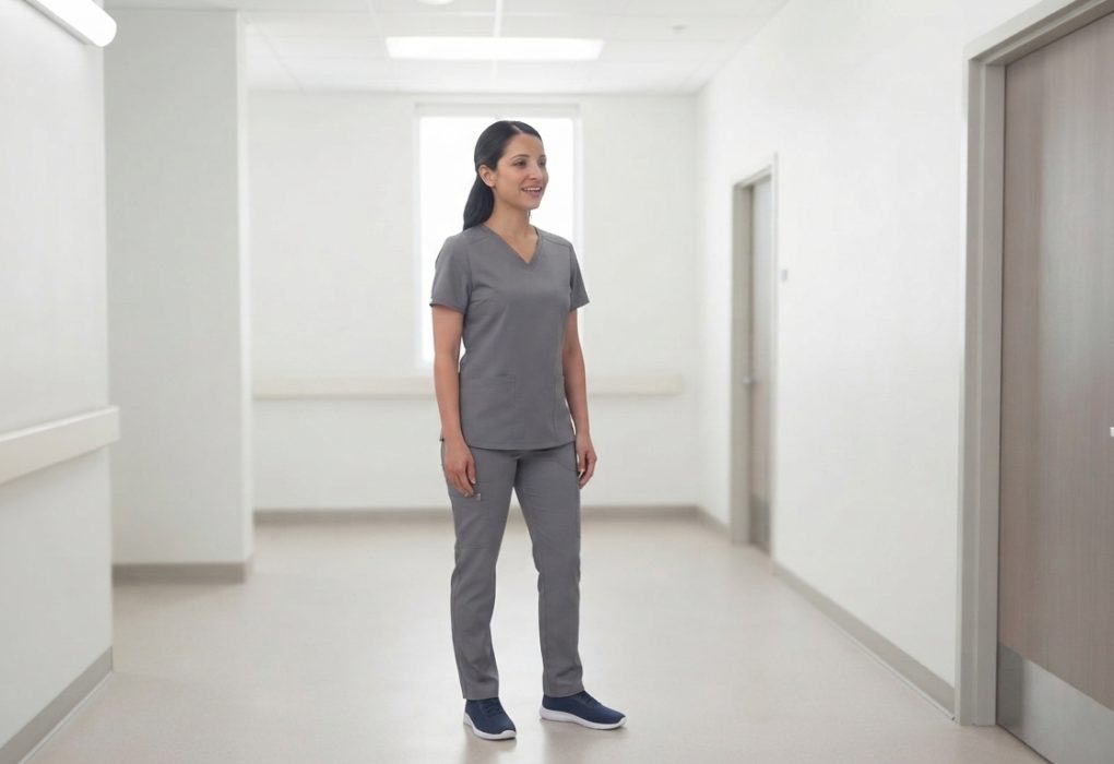 Healthcare worker wearing professional medical scrubs in a clinic
