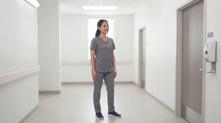 Healthcare worker wearing professional medical scrubs in a clinic