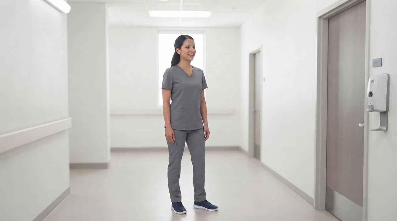 Healthcare worker wearing professional medical scrubs in a clinic