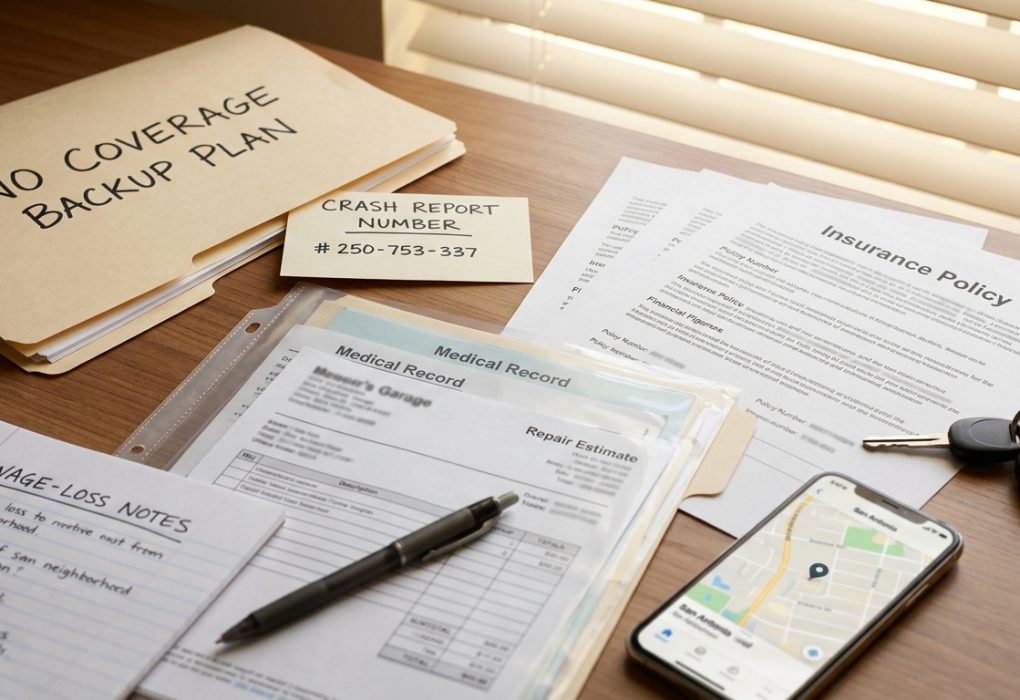 San Antonio uninsured driver accident coverage backup plan with crash report medical file repair estimate insurance policy and deadline notes