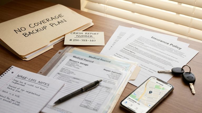 San Antonio uninsured driver accident coverage backup plan with crash report medical file repair estimate insurance policy and deadline notes
