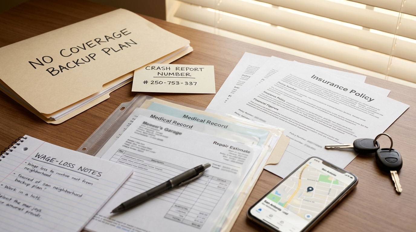 San Antonio uninsured driver accident coverage backup plan with crash report medical file repair estimate insurance policy and deadline notes