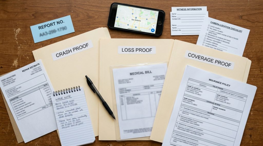 San Antonio uninsured driver three file claim record with crash proof loss proof and coverage proof folders