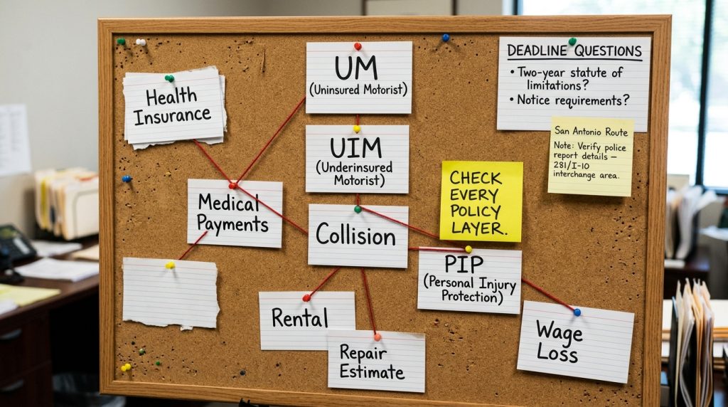 Texas uninsured driver coverage backup board with UM UIM collision PIP medical payments health insurance and rental coverage cards