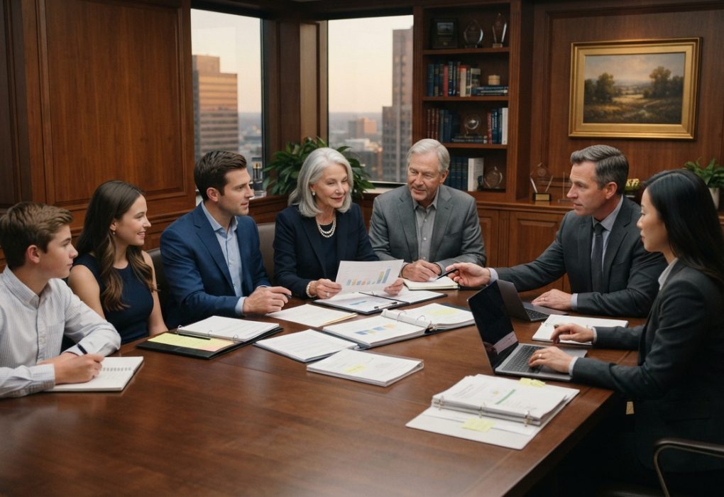 Multigenerational family coordinating wealth transfer, trusts, taxes, and education planning