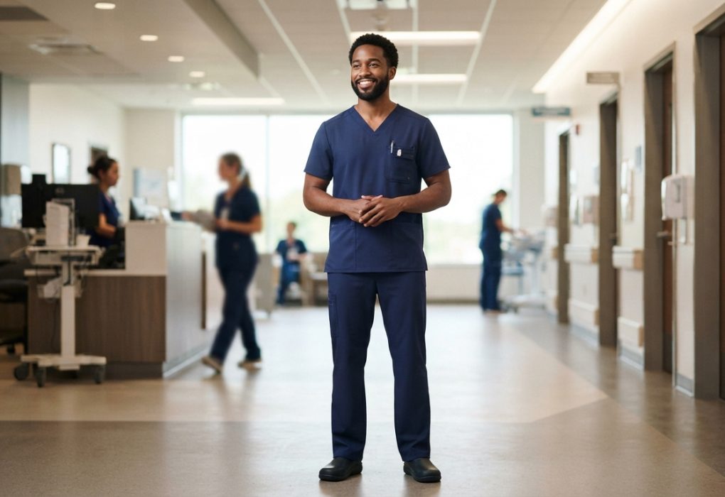 Male healthcare professional wearing a modern medical scrub top
