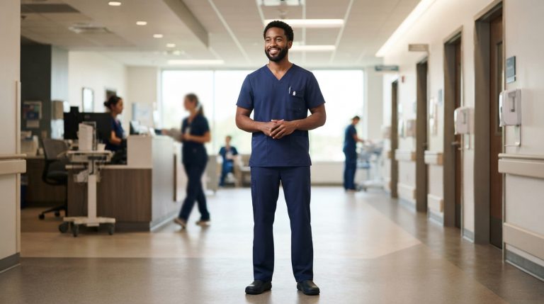 Male healthcare professional wearing a modern medical scrub top