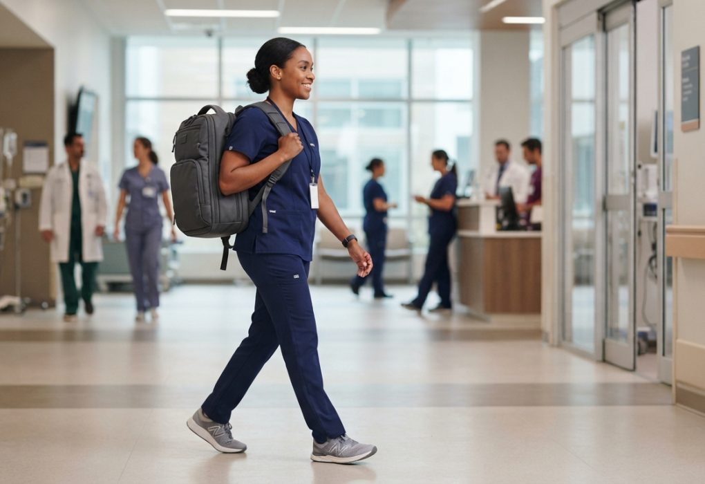 Healthcare professional carrying an organized medical equipment backpack
