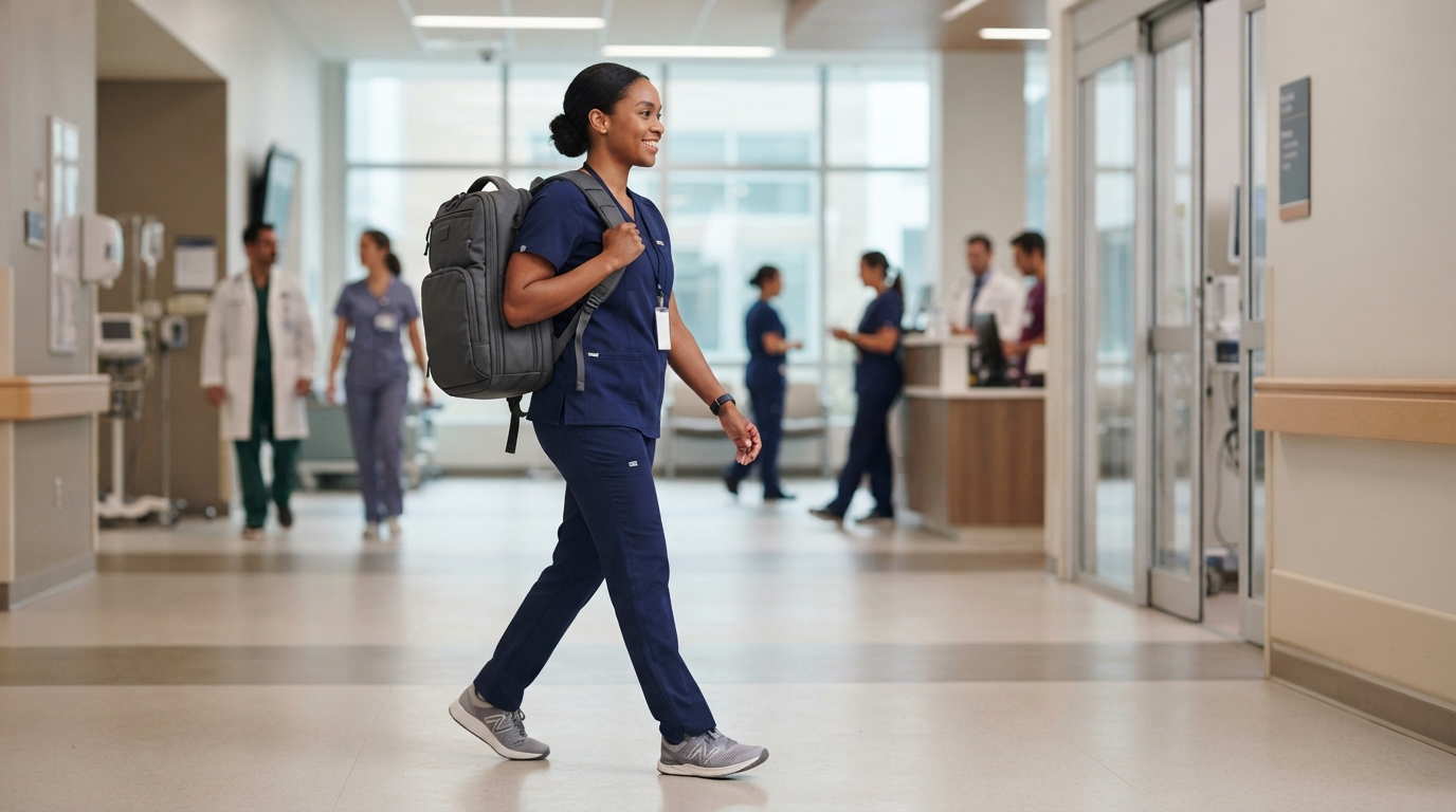 Healthcare professional carrying an organized medical equipment backpack