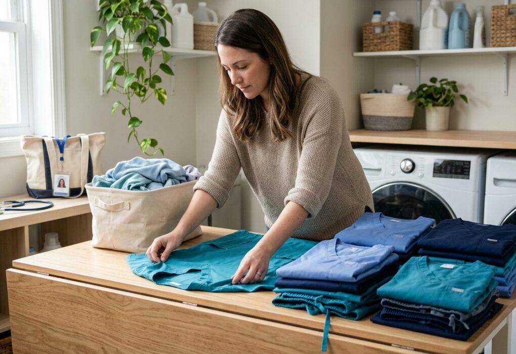 Healthcare worker folding clean medical uniforms after washing