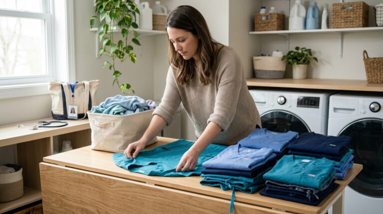 Healthcare worker folding clean medical uniforms after washing